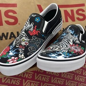 Vans Black and White Tiger Floral Slip-On Sneakers